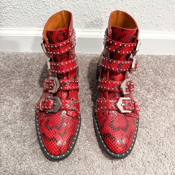 GIVENCHY Calfskin Red Python Embossed Studded Ankle Boots Womens 6.5 36.5 Straps - Picture 3 of 11